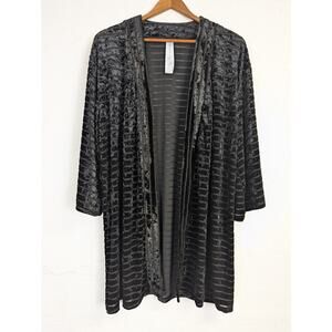 Black Velvet Burnout Duster Robe Striped Semi Sheer Cozy Soft Layer Womens Small